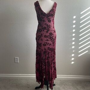 Sheer Silk Velvet Burgundy Floral Maxi Dress